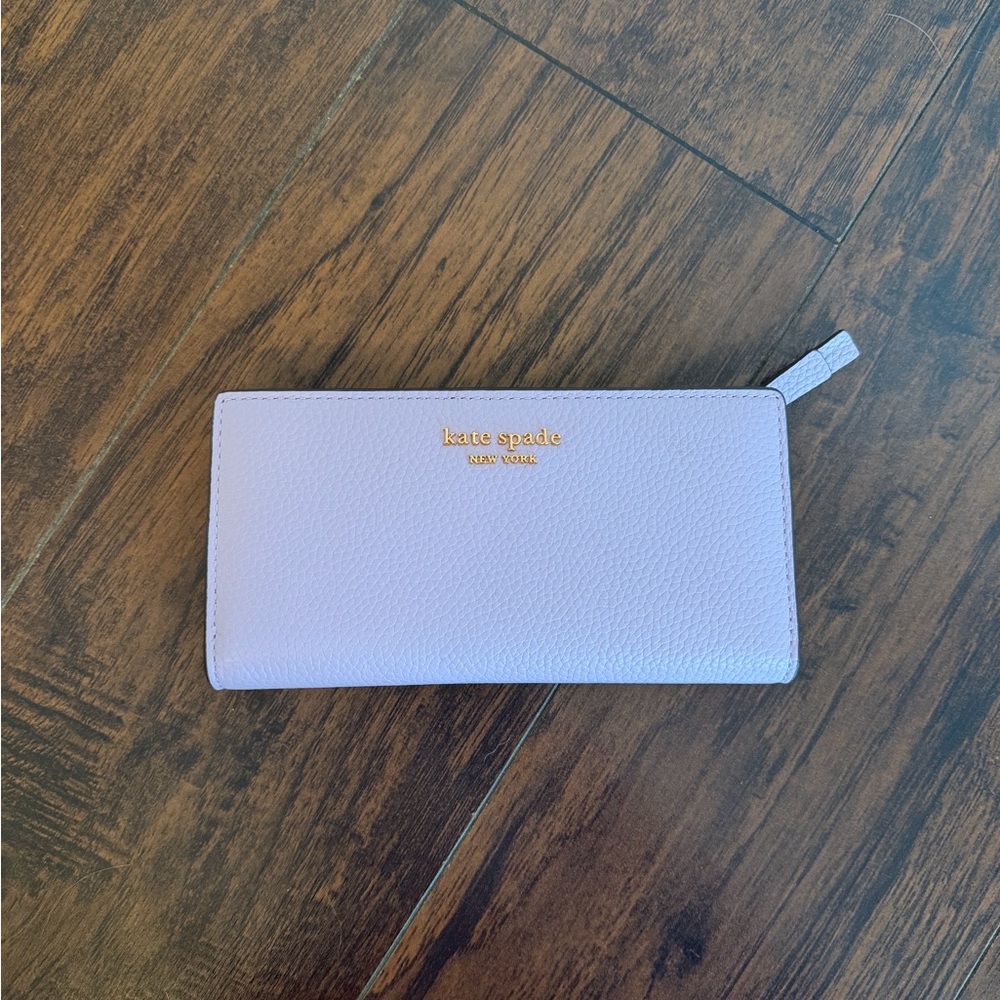 kate spade Lilac Pebbled Zip Wallet with Gold Logo